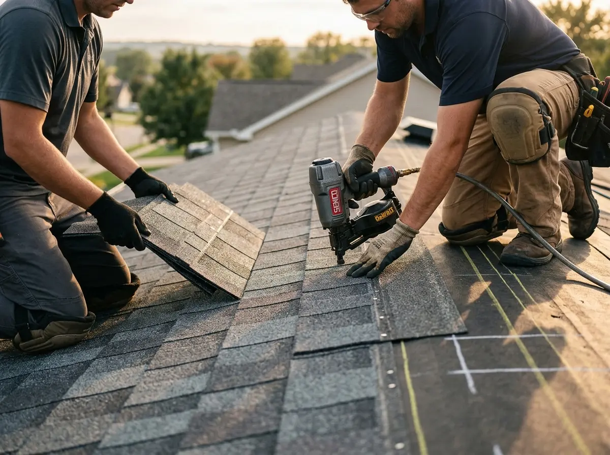 Professional roofer working on a residential roof in Mattapoisett